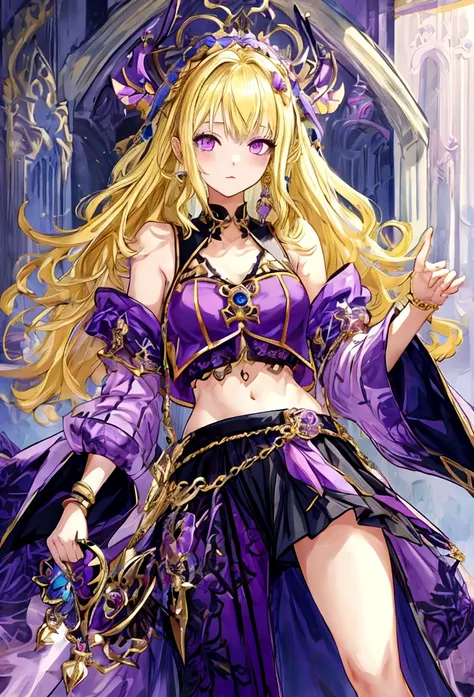 fantasy world girl with colorful hair, accessories, detailed clothes, blonde, cropped top, skirt, black and purple clothes 