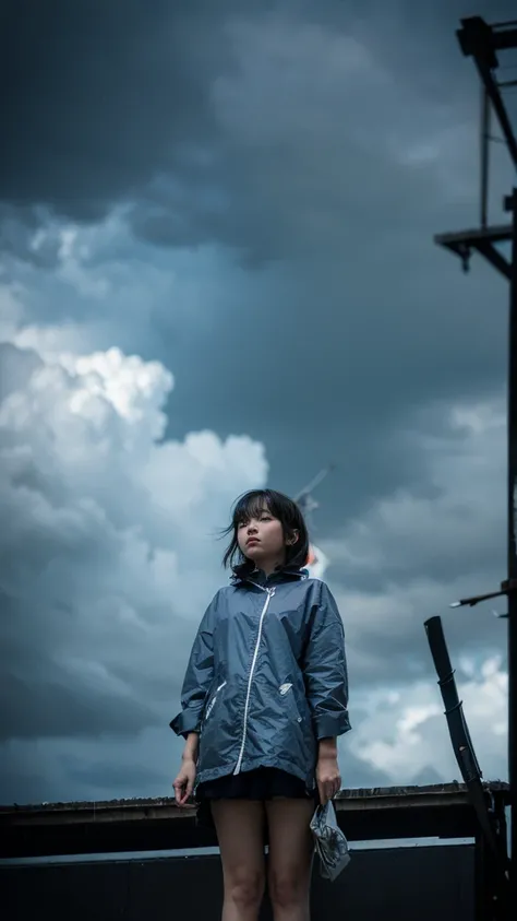 ((crane))、Rainy Sky、((1girl)),from below