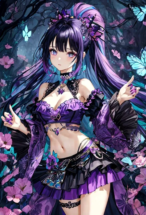 fantasy world girl with colorful hair, accessories, detailed clothes, cropped top, skirt, black and purple clothes 💮🖤🦋🪷✨🪻🌸🌷🌺🌹🎀