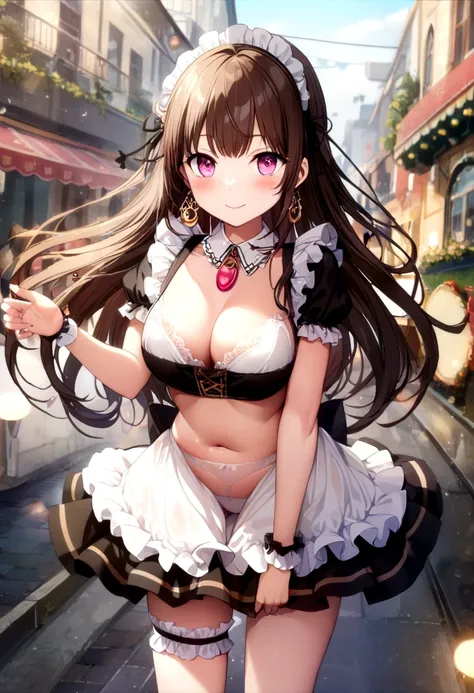 (2 young girls with long hair, Beautiful face and eyes and eyeliner,A delicate little face, pink eyes, Charming smile, (Maid cafe outfit with frilly, Sheer pleated mini skirt:1.5), (Transparent maid cafe costume with large open breasts and hollow:1.2), Sex...