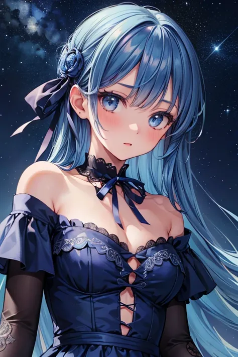 Absurd resolution, high resolution, (masterpiece: 1.4), super detailed, (((detailed face, detailed expression)), a girl with beautiful blue hair, with ribbon in the middle, off shoulder navy blue dress, background is Starry night