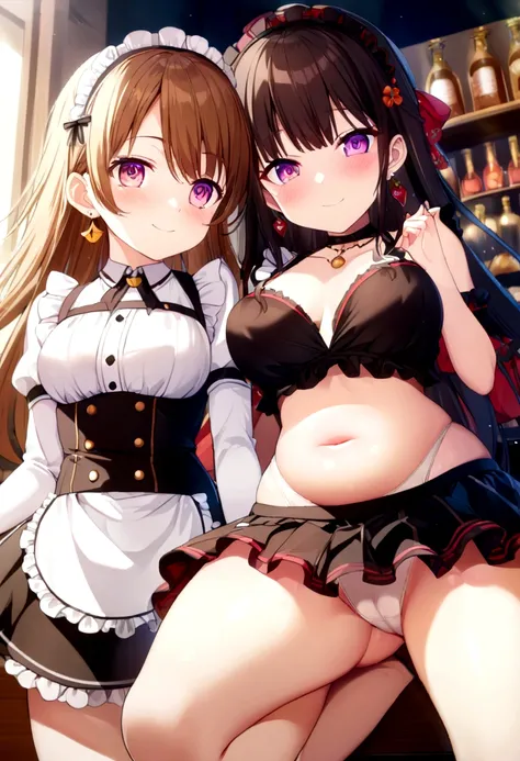 (2 young girls with long hair, Beautiful face and eyes and eyeliner,A delicate little face, pink eyes, Charming smile, (Maid cafe outfit with frilly, Sheer pleated mini skirt:1.5), (Transparent maid cafe costume with large open breasts and hollow:1.2), Sex...