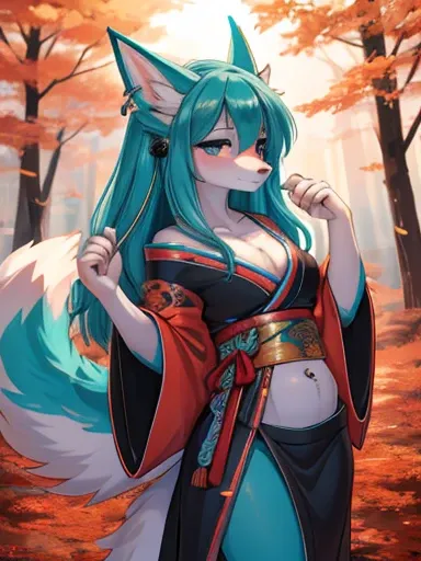 Chica anime, anime style, cute hatsune miku x suicune, shy girl , Orejas de Kitsune, arte de dark natasha, autum forest landscape, arte de vixen aztra, cuerpo completo, patas hermosas, cintura delgada, caderas amplias, piernas torneadas, hermosa, foto de c...