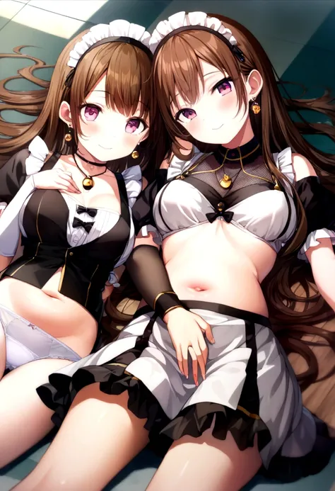 (2 young girls with long hair, Beautiful face and eyes and eyeliner,A delicate little face, pink eyes, Charming smile, (Maid cafe outfit with frilly, Sheer pleated mini skirt:1.5), (Transparent maid cafe costume with large open breasts and hollow:1.2), Sex...