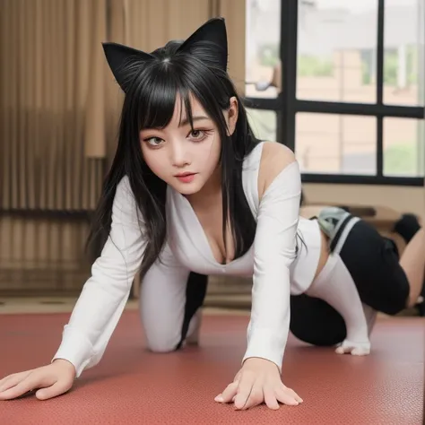 有三個maid outfit的女人，Doing push-ups on mat in gym，in the gym，exercise muscle tone，exercise，very intense，posture，Sexy，Big boobsmaid outfit女孩，（動漫Cat girl）動漫Cat girl，可愛的動漫Cat girl，Realistic anime cats，ahegao face，anime style，美麗動漫Cat girl, ahegao, Cat girl, anime...