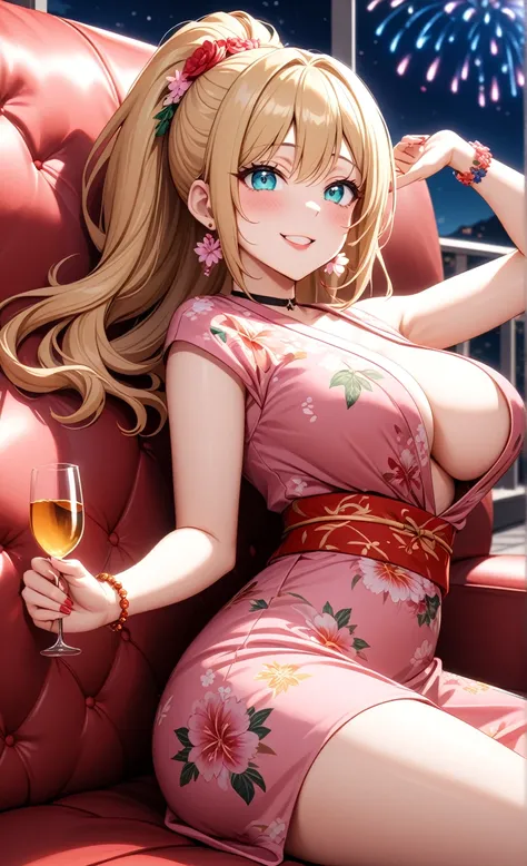 ((one personの女性)), Beautiful Face, Laughing embarrassedly,((Wink:2.0)),((a woman in a sexy pose. She is lying on a sofa, supporting her head with one hand while the other hand is sensually running along her body. Her expression is seductive:1.3)),Laughing ...