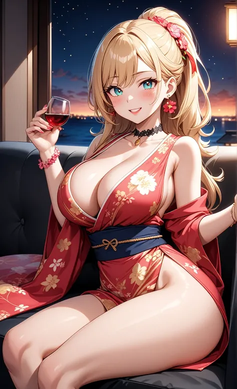 ((one personの女性)), Beautiful Face, Laughing embarrassedly,((Wink:2.0)),((a woman in a sexy pose. She is lying on a sofa, supporting her head with one hand while the other hand is sensually running along her body. Her expression is seductive:1.3)),Laughing ...