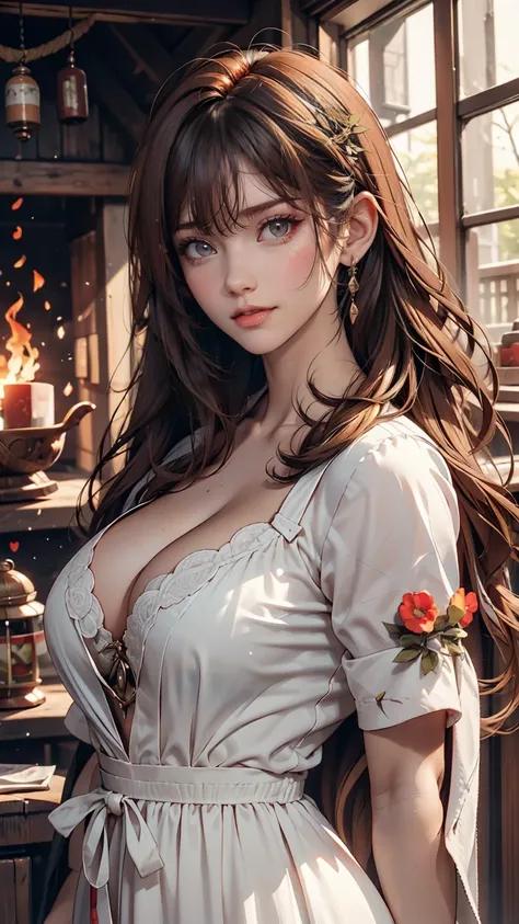 Luma is a gracious person, She is beautiful、Has a strong attitude, Her breasts are voluminous, Feminine pear-shaped silhouette, Auburn Hair, long Auburn Hair, She has expressive eyes, ( Eyes olive green) Her skin turns white、Light freckles on the cheekbone...