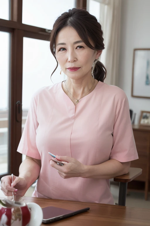 realistic, photorealistic, 8k, highres, masterpiece, ultra-detailed, physically-based rendering, professional, vivid colors, HDR, studio lighting, portrait, beautiful mature japanese woman, 55 year old woman, wife, long eyelashes, nice figure, low ponytail...