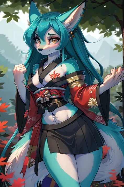 ica anime, anime style, cute hatsune miku x suicune, shy girl , Orejas de Kitsune, arte de dark natasha, autum forest landscape, arte de vixen aztra, cuerpo completo, patas hermosas, cintura delgada, caderas amplias, piernas torneadas, hermosa, foto de cue...