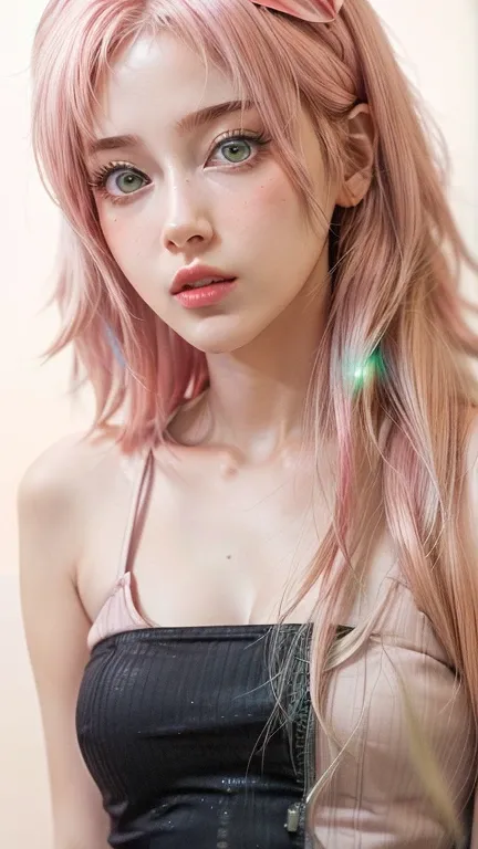 young woman, short shoulder-length pink hair, wide forehead, porcelain skin, pink eyebrows, big emerald green eyes, buttoned nose, full lips, heart-shaped face, slender body, small breasts, red tank top, Sakura Haruno , realistic, realism, details, 3d, wel...