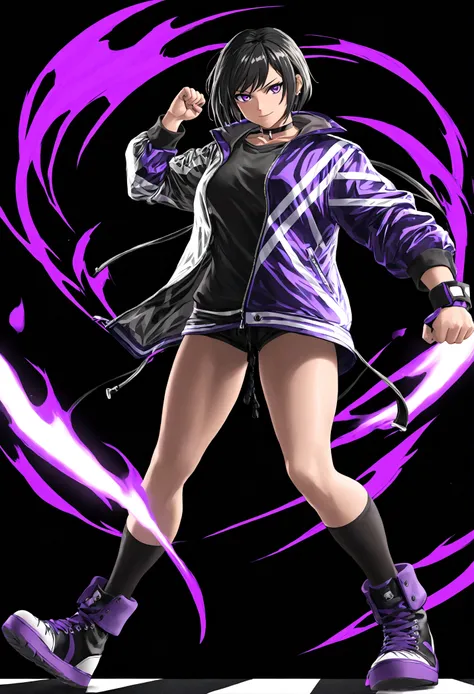 Tomboy girls, Sexy, Smart, Strong, muscular body, Tall Body, Short black hair, purple pupil eyes, black plain chokers, wear jacket, black tank top, short black jeans, thick long black stocking, black sneakers with purple ties, smile intimidate face, punchi...