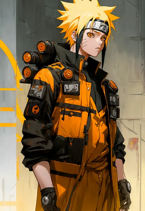 naruto anime wallpaper, naruto wallpaper, in the style of cyberpunk dystopia, light yellow and dark orange, realistic oil paintings, associated press photo, zigzags, cartoon mis-en-scene, gadgetpunk --ar 9:16 --s 750 --niji 5