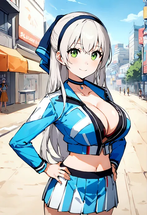 score_9, score_8_up, score_7_up,4k, ,BREAK , (from front,),standing,straight-on,hands on hips,1girl,RACEELIE,silver hair,long hair,HAIRBAND, CHOKER, BLUE HAT, BLUE JACKET, CROPPED JACKET, CLEAVAGE,large breast,, MIDRIFF, BLUE SHORTS, PLEATED SKIRT,(light s...