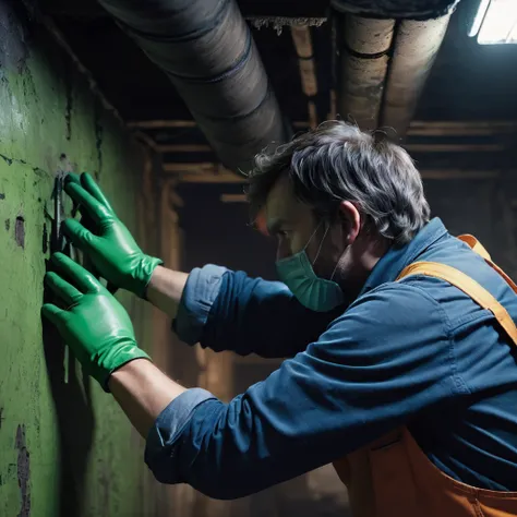 see image references for example prompts, a man cleaning green pipes in a dark basement, (back view:1.7), blue overalls, green s...