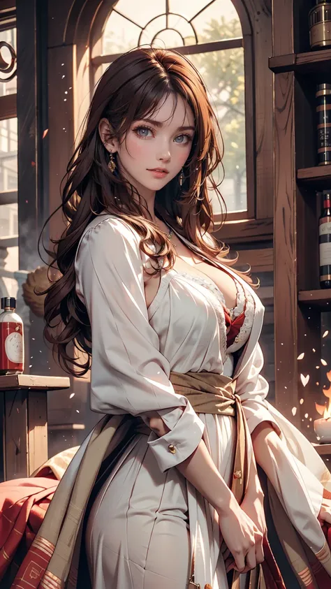 Luma is a gracious person, She is beautiful、Has a strong attitude, Her breasts are voluminous, Feminine pear-shaped silhouette, Auburn Hair, long Auburn Hair, She has expressive eyes, ( Eyes olive green) Her skin turns white、Light freckles on the cheekbone...