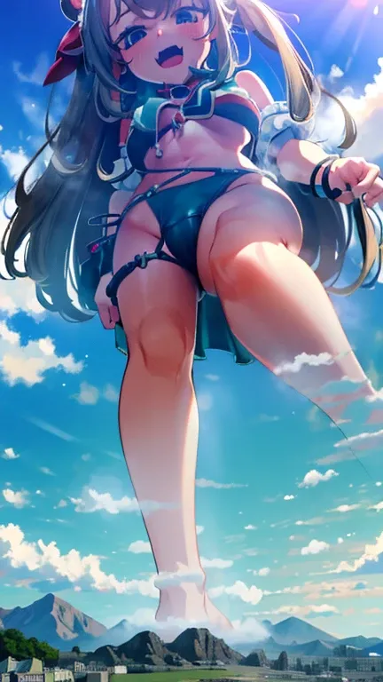 gts, wariza,1girl,  color frilled string bikini :1.4,large breasts, giantess, day, mountain:1.3, continent, little city ,tiny buildings,open mouth,:D,looming,aerial view,full body
,oppai loli:2.2,kawaii:1.5
