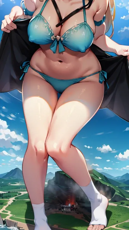 gts, wariza,1girl,  color frilled string bikini :1.4,large breasts, giantess, day, mountain:1.3, continent, little city ,tiny buildings,open mouth,:D,looming,aerial view,full body
,oppai loli:2.2,kawaii:1.5
