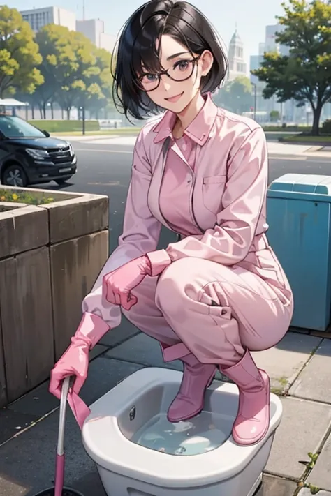 Wearing large pink rubber gloves and white rubber boots、A mature woman with short hair, glasses and black hair wearing a blue long-sleeved jumpsuit cleans a dirty public toilet in a park with a gentle smile