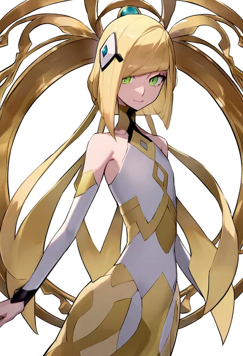 lusamine (pokémon), white woman, green eyes, long blonde hair, flat chest