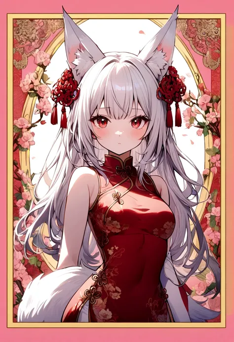 The girl has short white hair, red eyes, white fox ears with pink borders, a red Chinese dress with yellow borders, and a white and pink tail.