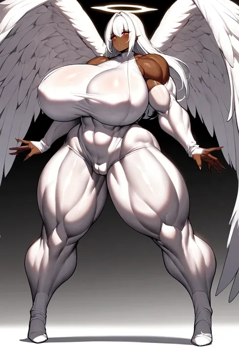 Angel girl with dark skin, long white hair, extreme muscular body, erect massive penis, gigantic breasts, wearing white catsuit, gigantic muscular arms, gigantic muscular tights, halo and white angel wings.