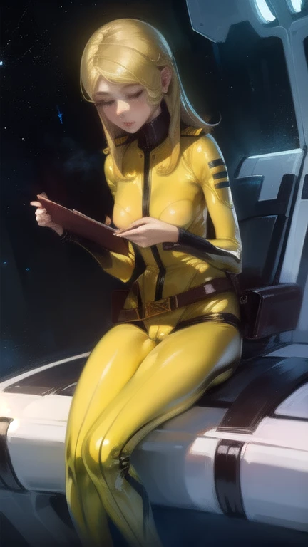 highest quality, masterpiece, One girl , Yuki Mori Blonde hair Yellow bodysuit Skin-tight belt, Spacesuit, Spaceship,  Bokeh,