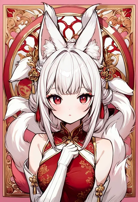 The girl has short white hair, red eyes, white fox ears with pink borders, a red Chinese dress with yellow borders, and a white and pink tail.