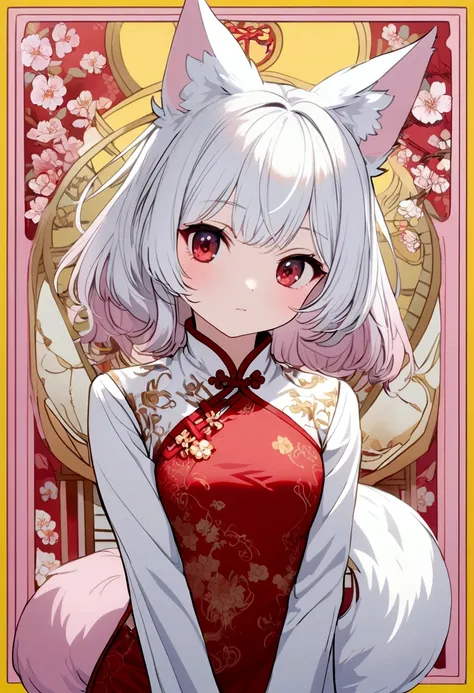 The girl has short white hair, red eyes, white fox ears with pink borders, a red Chinese dress with yellow borders, and a white and pink tail.