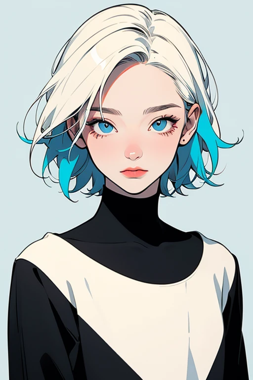 teenager. albino. non-binary. medium short hair no bangs. (flat cool colors, flat texture, lineart:1.2), graphical design, (heavy ink, ink blacks), 