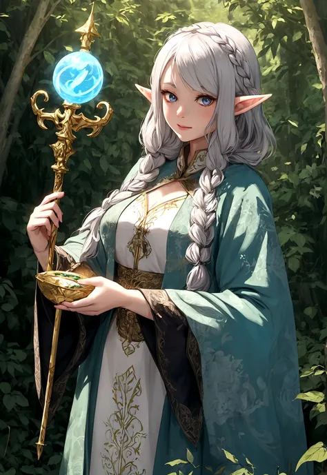 Female elf with long silver hair parted in the middle stands in the forest，The sun shines from the forest。The female elf wears a beautifully embroidered robe，Holding a magic potion and a staff with intricate carvings in his hand，glowing magic circle，elvish...