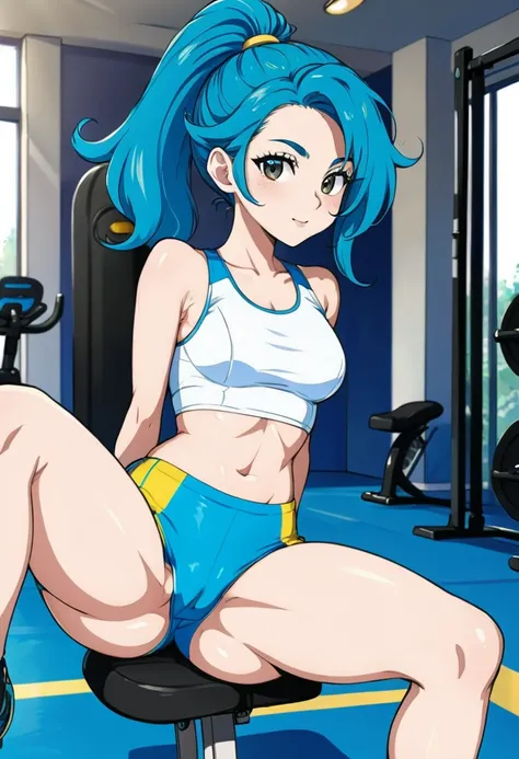 a girl sitting on gym cycle saddle, spread legs, dolphin shorts, blue hair, ponytail,
