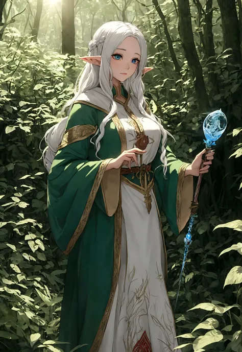 Female elf with long silver hair parted in the middle stands in the forest，The sun shines from the forest。The female elf wears a beautifully embroidered robe，Holding a magic potion and a staff with intricate carvings in his hand，glowing magic circle，elvish...