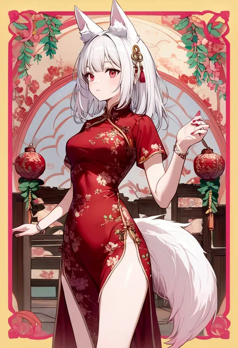 The girl has short white hair, red eyes, white fox ears with pink borders, a red Chinese dress with yellow borders, and a white and pink tail.