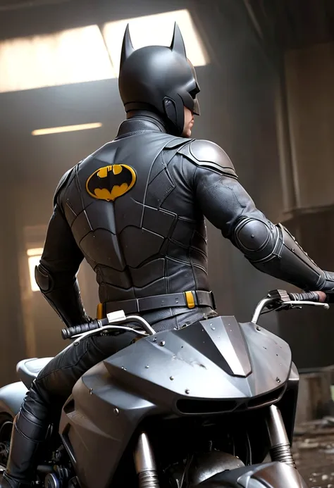 A Batman in a damaged uniform, riding a Bat motorcycle, viewed from behind, preparing to leave, (best quality,4k,8k,highres,masterpiece:1.2),ultra-detailed,(realistic,photorealistic,photo-realistic:1.37),dark brooding atmosphere, gritty realistic style, mo...