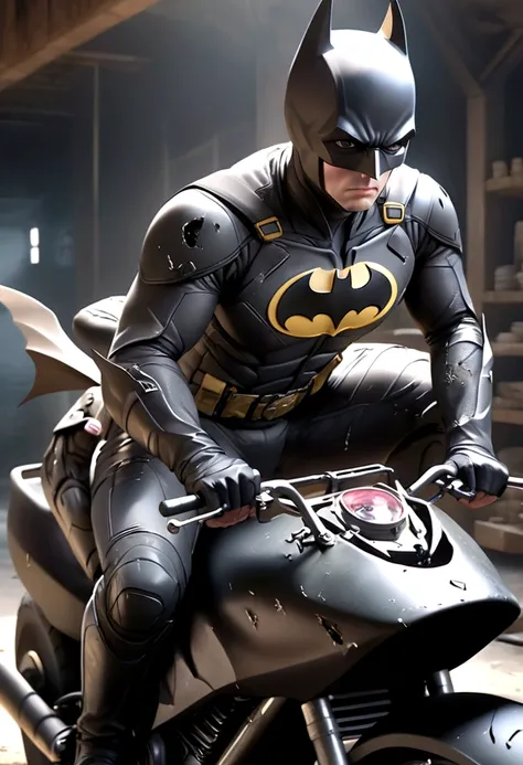 A Batman in a damaged uniform, riding a Bat motorcycle, viewed from behind, preparing to leave, (best quality,4k,8k,highres,masterpiece:1.2),ultra-detailed,(realistic,photorealistic,photo-realistic:1.37),dark brooding atmosphere, gritty realistic style, mo...