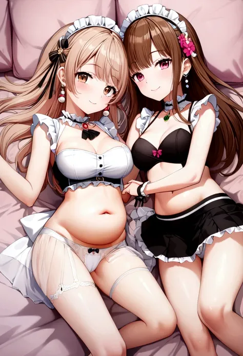 (2 young girls with long hair, Beautiful face and eyes and eyeliner,A delicate little face, pink eyes, Charming smile, (Maid cafe outfit with frilly, Sheer pleated mini skirt:1.5), Skirt turned inside out,(Transparent maid cafe costume with large open brea...