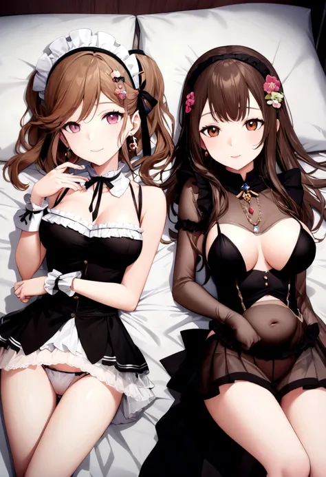 (2 young girls with long hair, Beautiful face and eyes and eyeliner,A delicate little face, pink eyes, Charming smile, (Maid cafe outfit with frilly, Sheer pleated mini skirt:1.5), Skirt turned inside out,(Transparent maid cafe costume with large open brea...