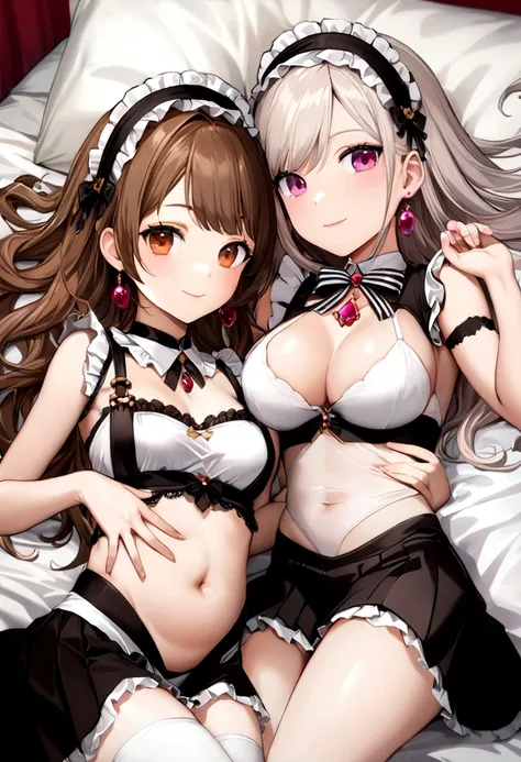 (2 young girls with long hair, Beautiful face and eyes and eyeliner,A delicate little face, pink eyes, Charming smile, (Maid cafe outfit with frilly, Sheer pleated mini skirt:1.5), Skirt turned inside out,(Transparent maid cafe costume with large open brea...