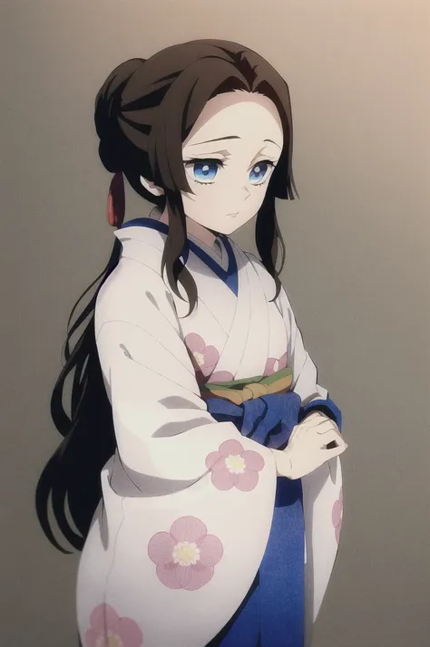 kimetsu no yaiba style,1girl, solo, japanese clothes, kimono, blue eyes, long hair, hair over shoulder, hair tied with a white ribbon, floral print, simple haori, brown hair, upper body, anime coloring,  ((masterpiece)) 