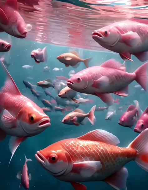 two pink fish swimming in a pool of clear water, a photorealistic painting by Anna Haifisch, tumblr, photorealism, pink reflections, floating koi fish, fishes swimming, fishes, koi fish, pink zen style, pink hues, koi fishes, fish swimming, pink vibe, koi ...