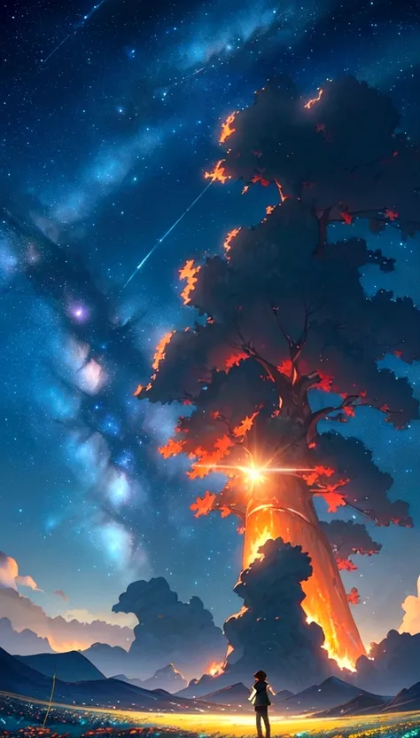 Makoto Shinkai, Vast landscape photography , (View from below，Shows the sky above and the open space below), A girl standing in a flower field looking up,  ( meteor:0.9), (Star Cloud:1.3), Fir Mountain, Treebreak Production Art, (Stars Daytime Sky:1.2), (f...