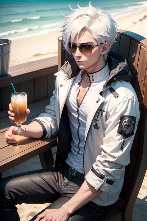 anime character with short white hair and a white jacket, a black zipper collar shirt, a black cyberpunk pants, anime handsome man, wearing kings crown, sunglasses, blue eyes, glowing eyes, royal styled, male anime character, 1boy, solo, suoh mikoto, sit i...