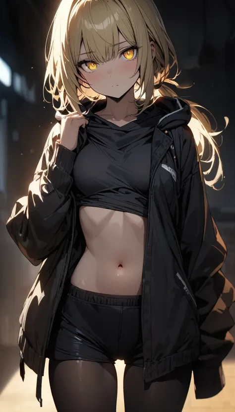 a handsome girl, solo, blond, pony tail, yellow eyes, bright eyes, bangs,
”hood jacket”, open jacket, tank top, navel, 
BREAK (black shorts, black tights:1.5), expressionless, blurry background, extremely detailed face, perfect lighting, extremely detailed...