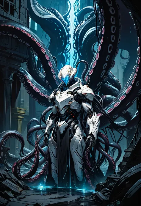 In the heart of a ravaged city, a cyborg emerges from the shadows, its exobone structure glistening with a faint blue glow. The white titanium armor plating seems to absorb the faint light, as if feeding off the darkness. Tentacles writhe from its back, li...