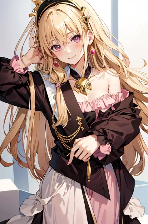 solo, light almond hair, long hair, dark pink eyes, sweet smile, subtle blush, large chest