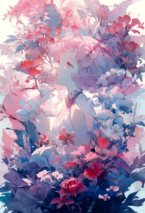 1 Girl,flower, Platycodon ,Light pink and light blue style, Dreamy and romantic composition, light pink, ethereal foliage, Interesting arrangement,fantasy, High contrast, Ink strokes,  Impression of purple with red tones , Abstract