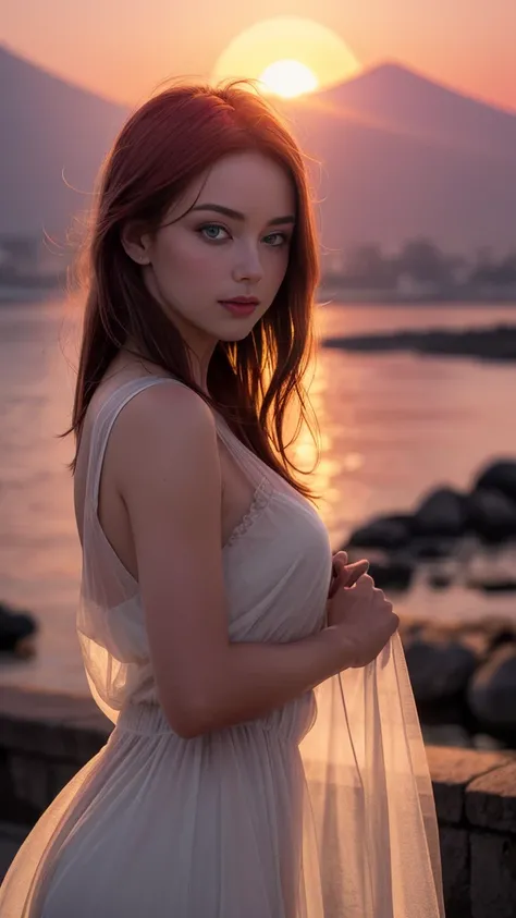 sunset lighting, (Improve Fuji color quality),  (Best quality), (model), backlight, There is light on the face, (Amelioration de la qualite), Delicate eyes, delicate face, yeux de bonne qualité, teinture cheveux rouge