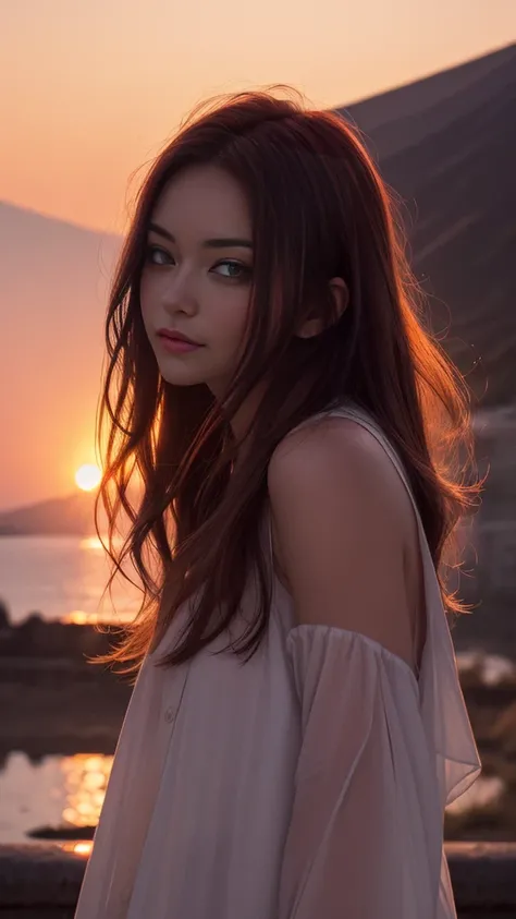 sunset lighting, (Improve Fuji color quality),  (Best quality), (model), backlight, There is light on the face, (Amelioration de la qualite), Delicate eyes, delicate face, yeux de bonne qualité, teinture cheveux rouge