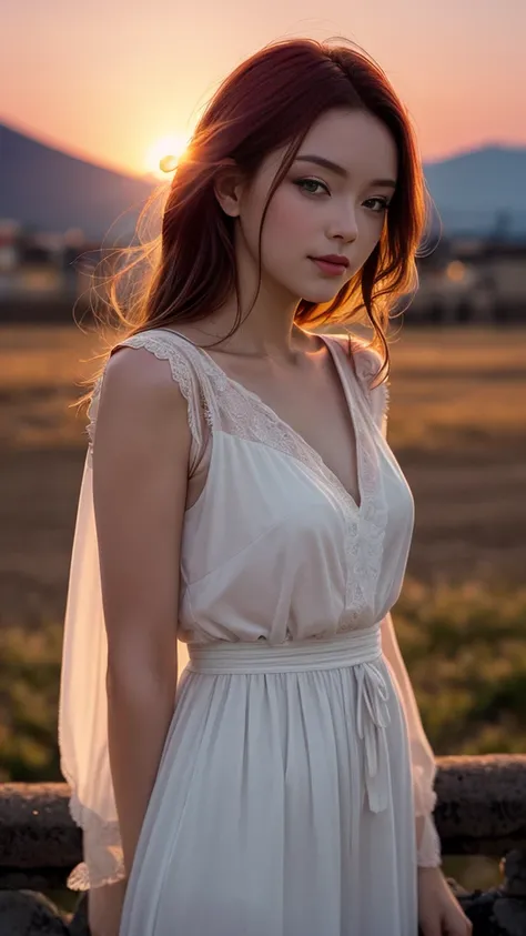 sunset lighting, (Improve Fuji color quality),  (Best quality), (model), backlight, There is light on the face, (Amelioration de la qualite), Delicate eyes, delicate face, yeux de bonne qualité, teinture cheveux rouge